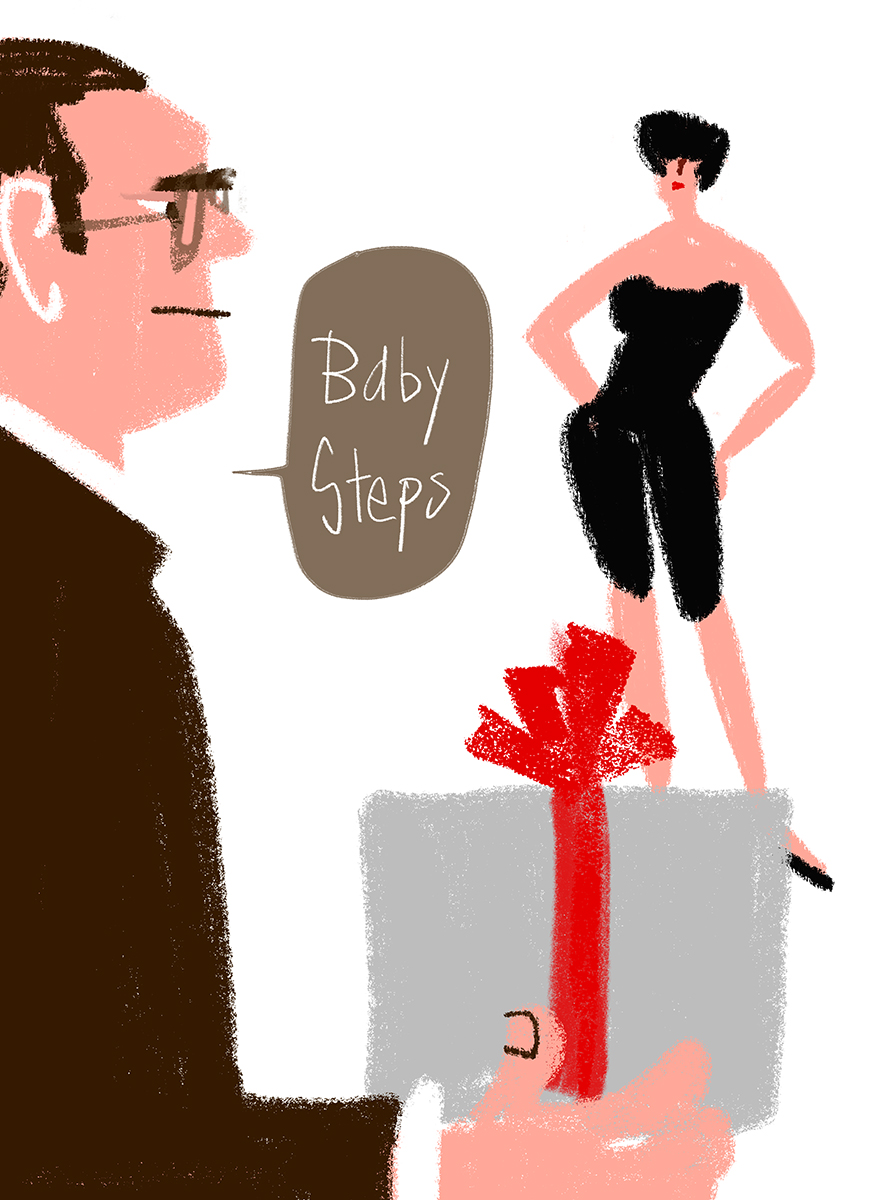 Digital fashion illustration of a man presenting a gift wrapped with a red ribbon to a woman