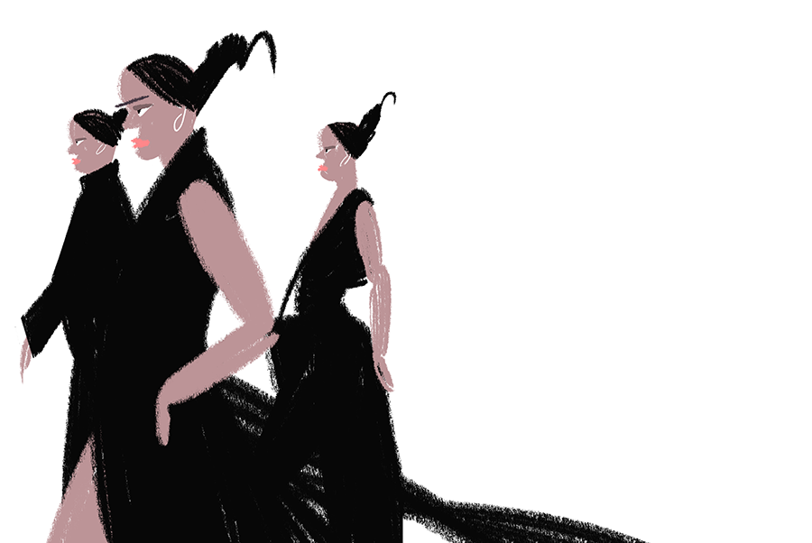 黒いドレスの女性3人のイラスト、Kazue Shima