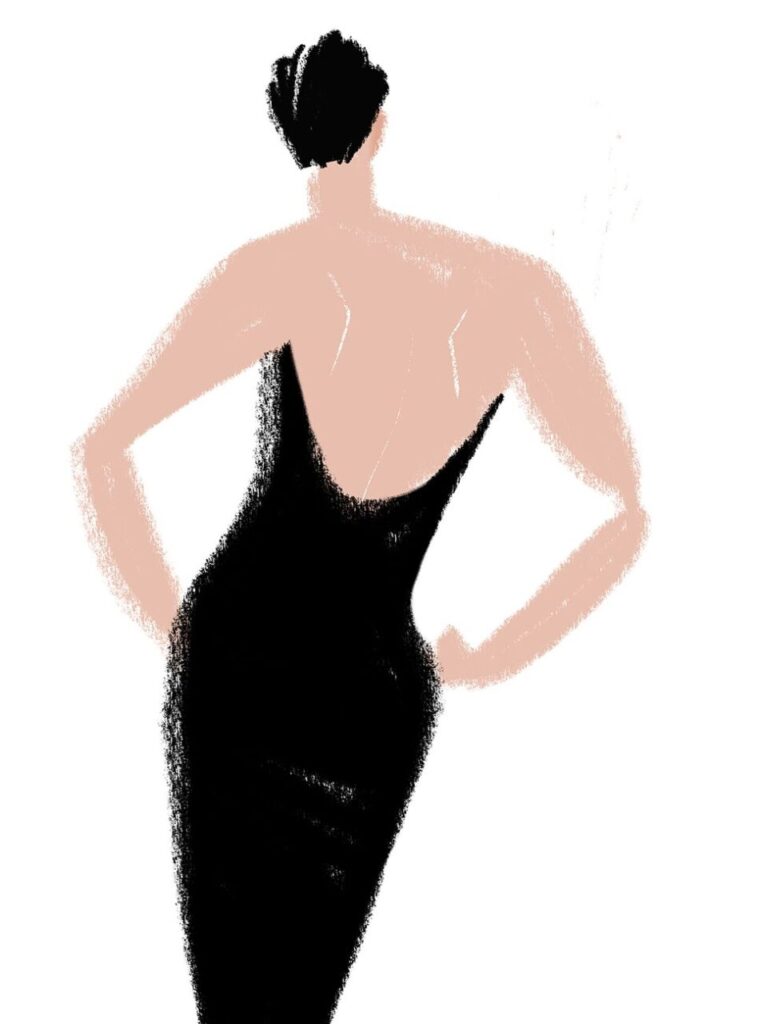 黒いドレスの女性の後ろ姿のイラスト、Kazue Shima