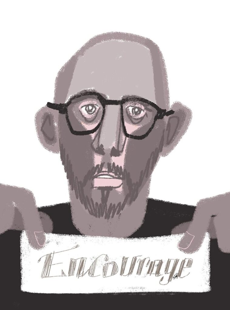 眼鏡の男性と「encourage」の文字のイラスト、Kazue Shima