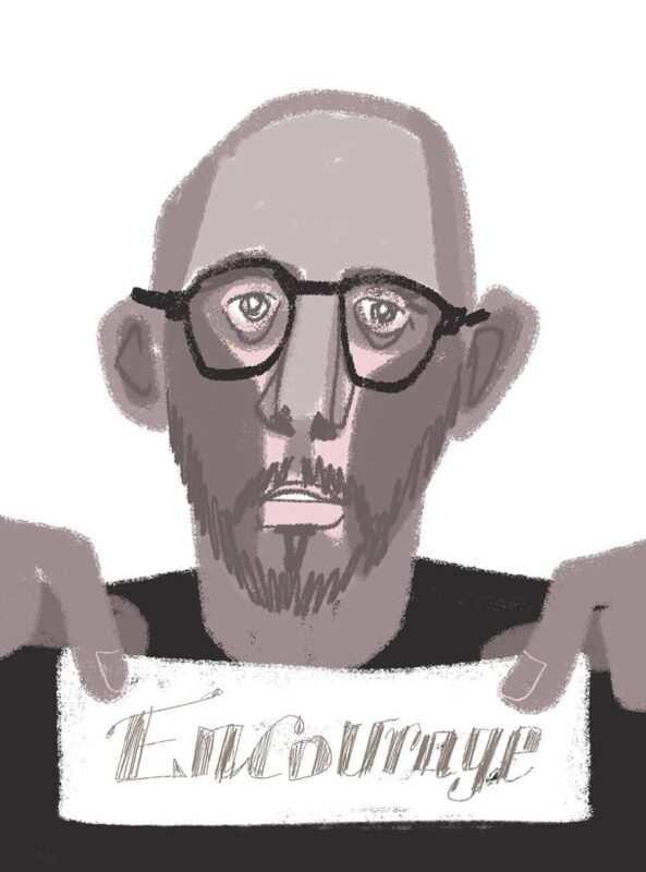 眼鏡の男性と「encourage」の文字のイラスト、Kazue Shima