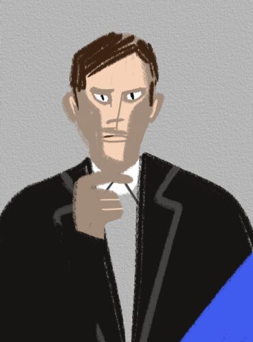 指を指す男性のイラスト、青の差し色、Kazue Shima