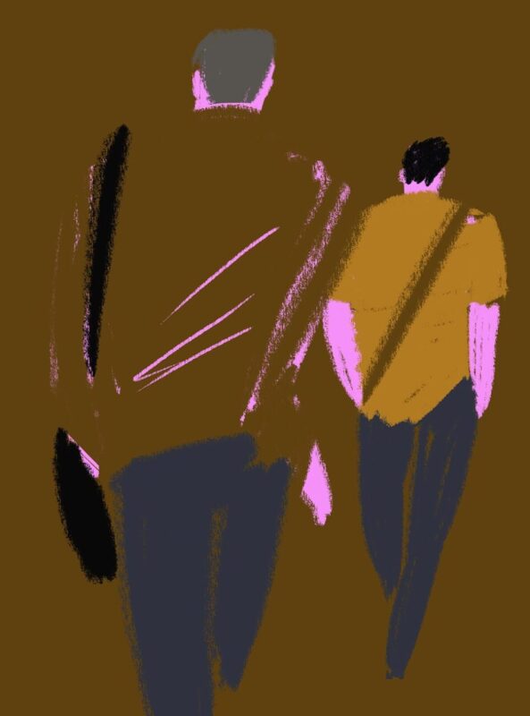 男性2人の後ろ姿のイラスト、Kazue Shima