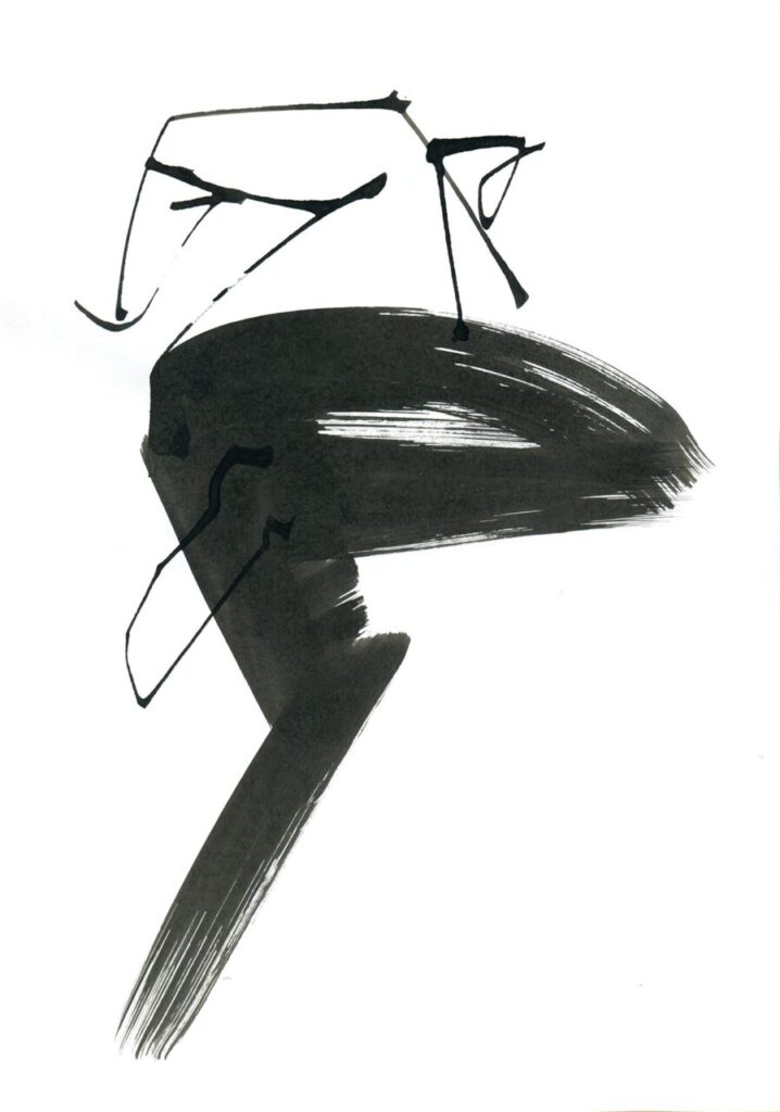 Brush line drawing of legs in motion by Kazue Shima