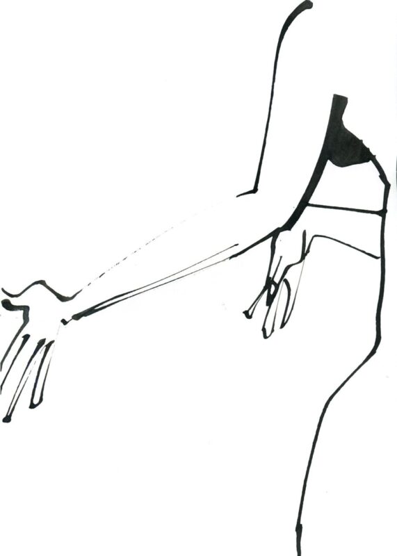 Brush line drawing of a hand and female body by Kazue Shima