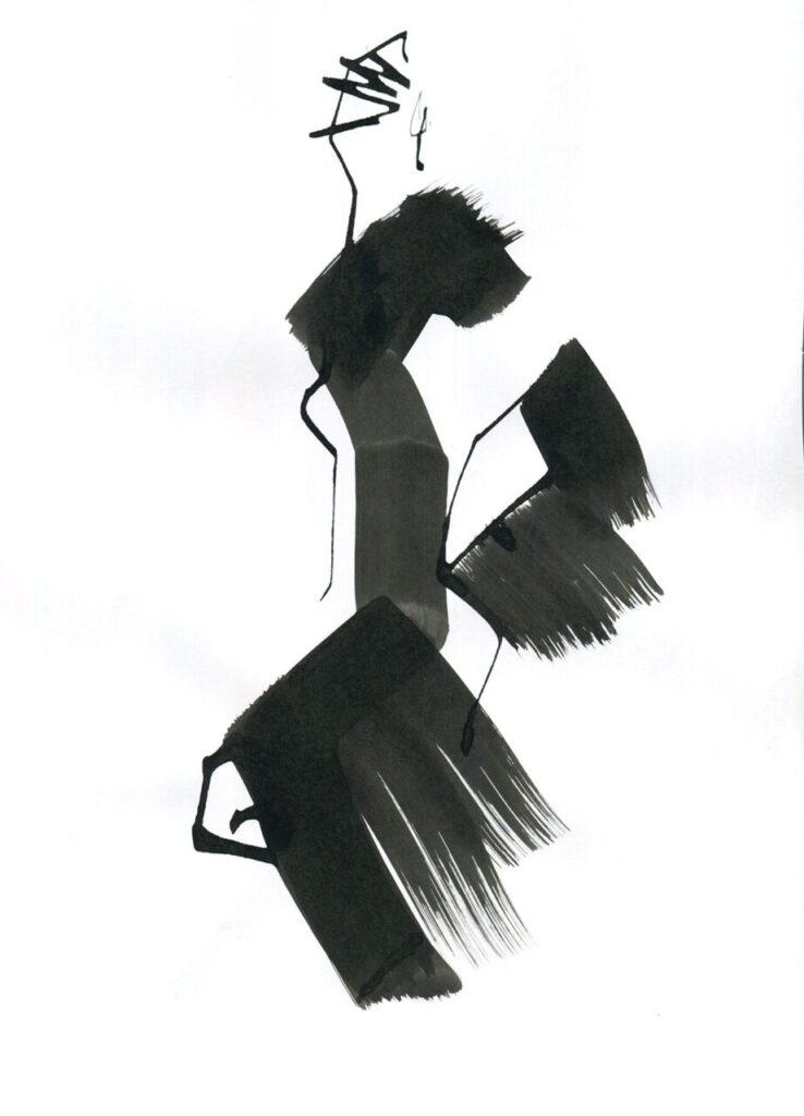 Brush line drawing of a full figure in ink by Kazue Shima