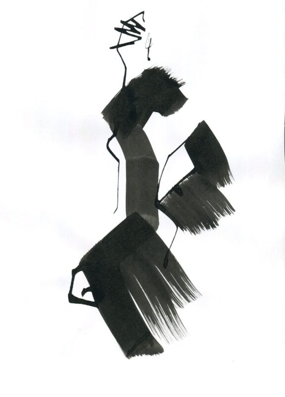Brush line drawing of a full figure in ink by Kazue Shima