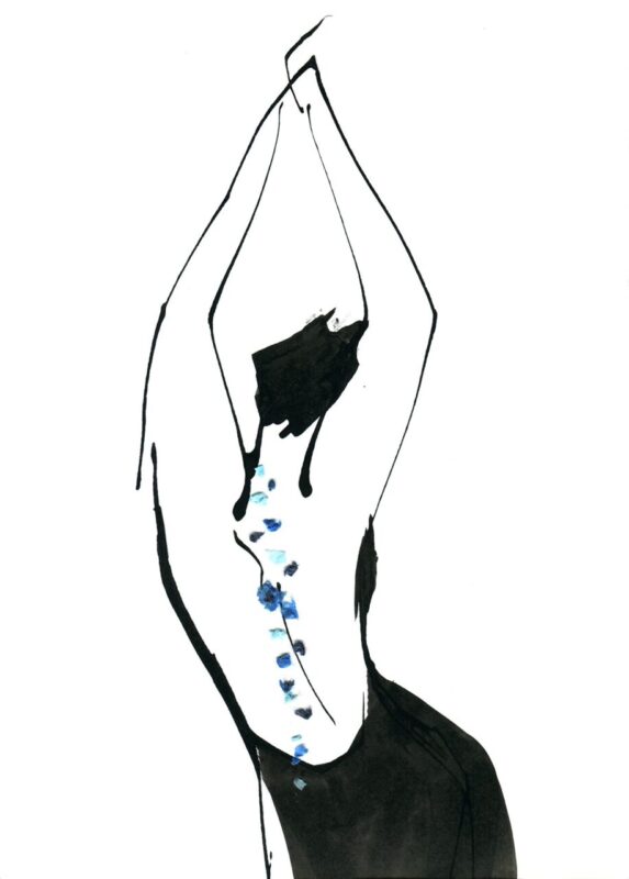 Brush line drawing of a woman's back with tissue paper by Kazue Shima
