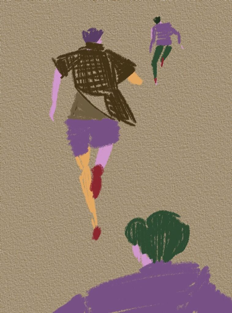 後ろ向きで歩く男性2人のイラスト、Kazue Shima