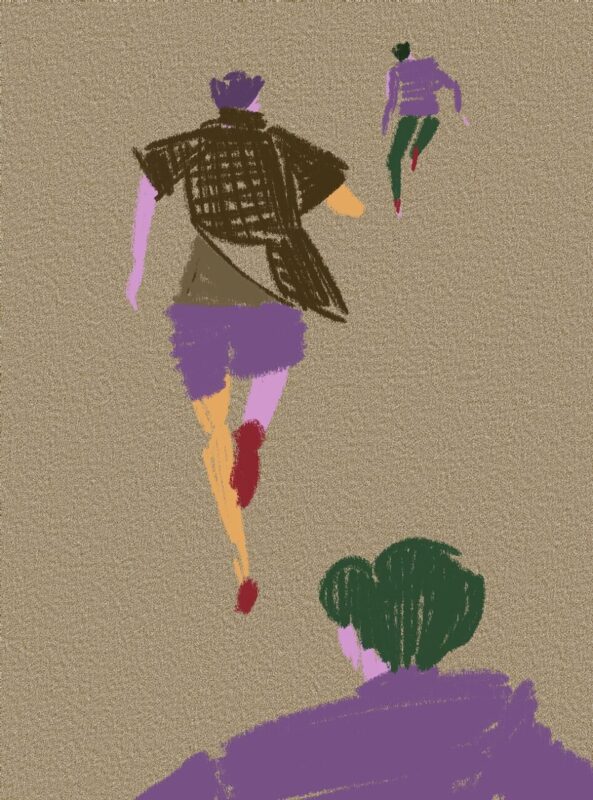 後ろ向きで歩く男性2人のイラスト、Kazue Shima