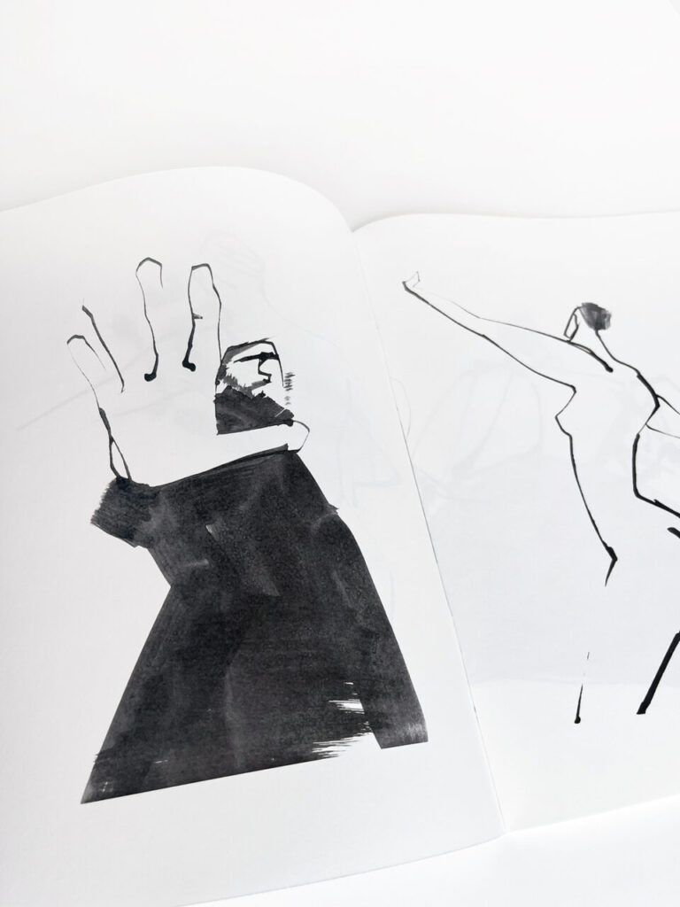 Brush Line冊子見開き、男女の手のイラスト、Kazue Shima