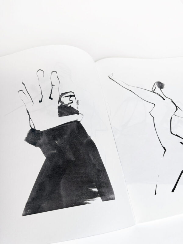 Brush Line冊子見開き、男女の手のイラスト、Kazue Shima