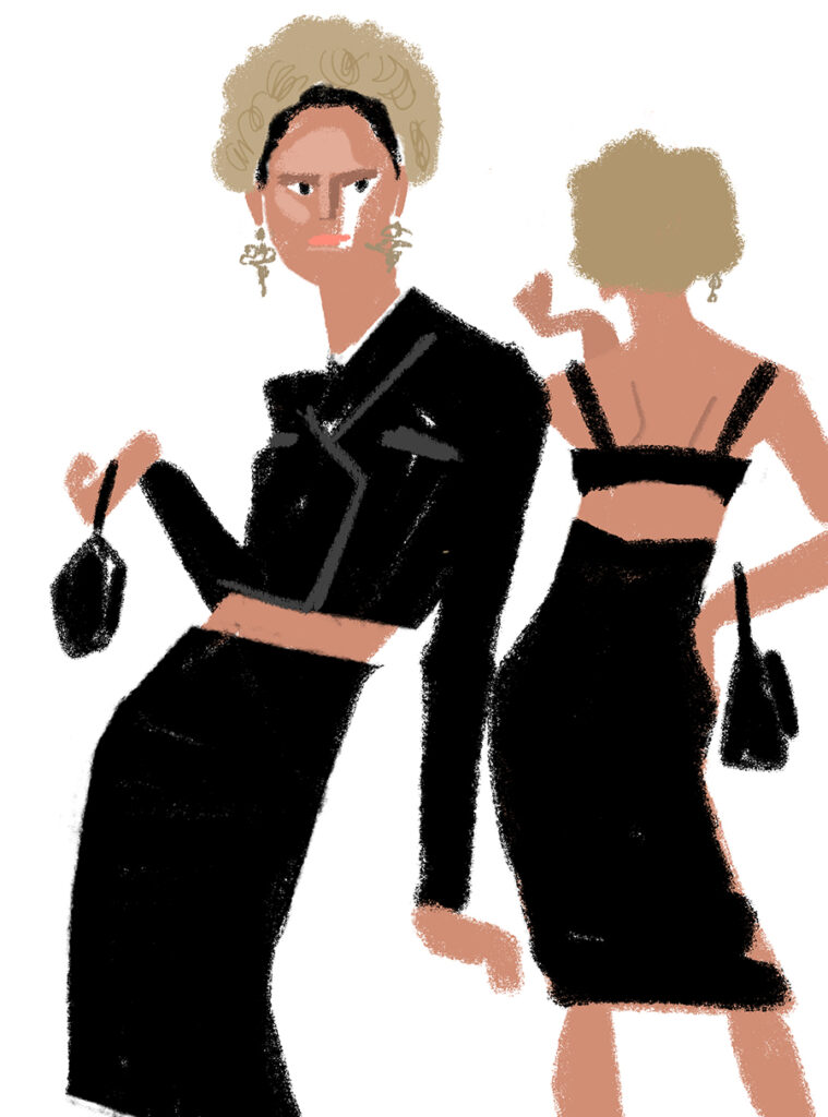デジタルで描いた、黒いミニドレススーツの女性たち